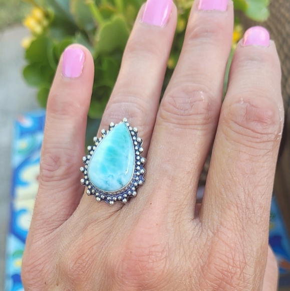 🩵 Genuine Larimar Gemstone Ring Sterling Silver 925 Stamped - Picture 1 of 7